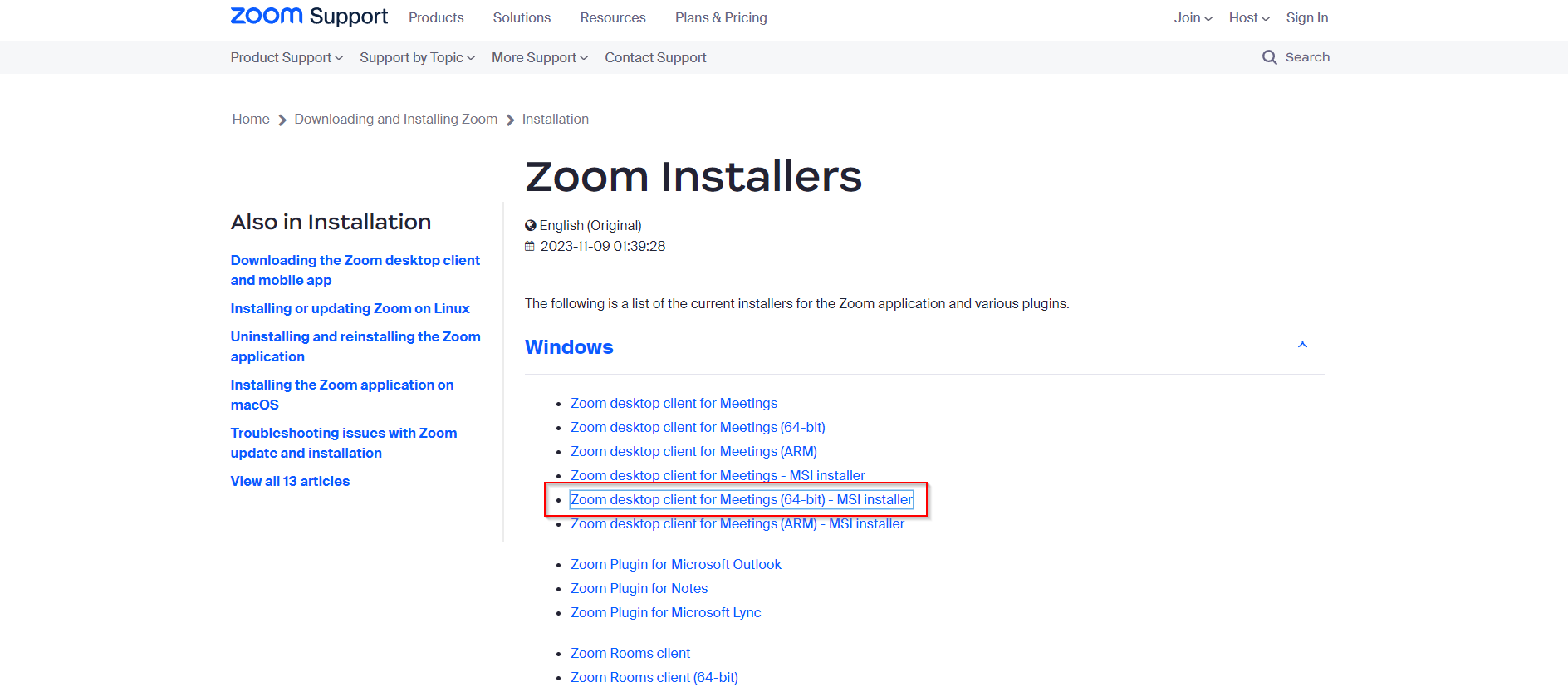Zoom MSI installer download page